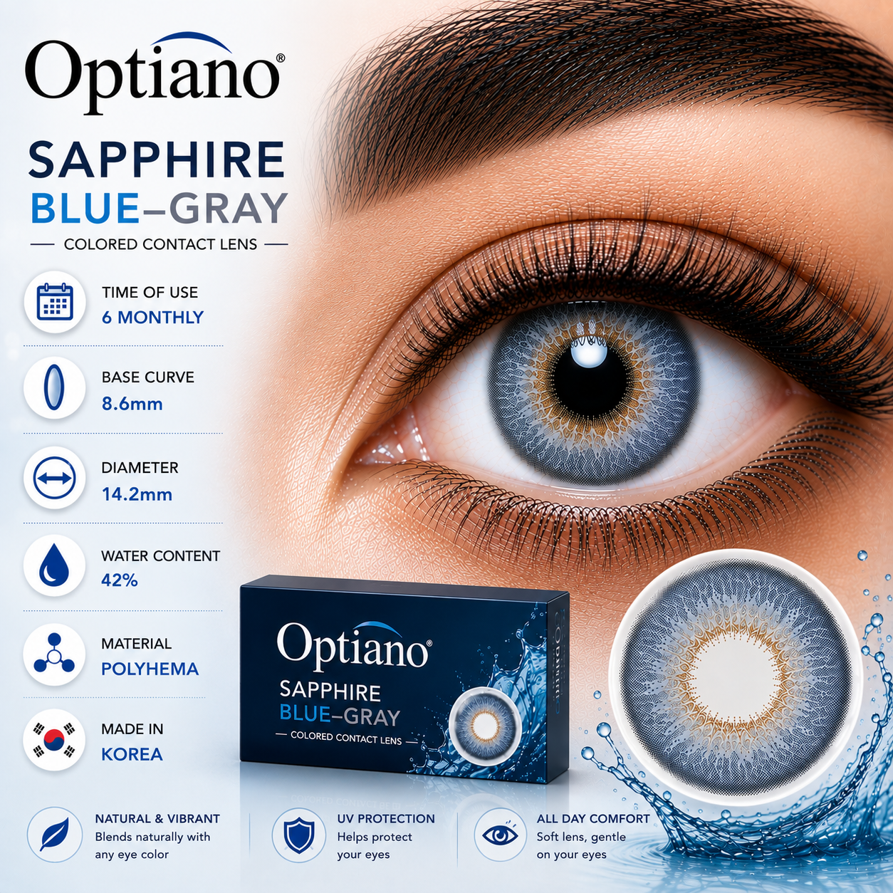 Optiano Violet Purple Colored Contact Lens Optiano Sapphire Blue-Gray Colored Contact Lens - Image 1